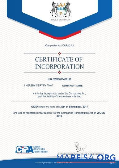 Blank Botswana Certificate of Incorporation example